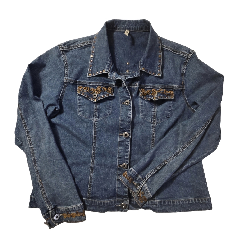 Ethyl Vintage Denim Jacket Embroidered Riveted Size Large, Y2K